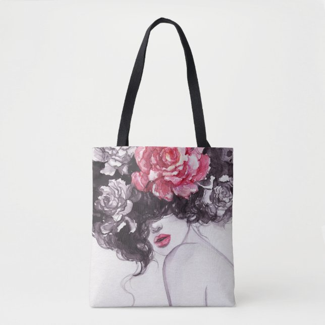 Tote Bag Fleurs de femme, Arrière - plan d'aquarelle de mod (Devant)