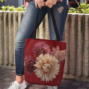 Tote Bag Fleurs de fraises roses douces sur Maroon pour mam