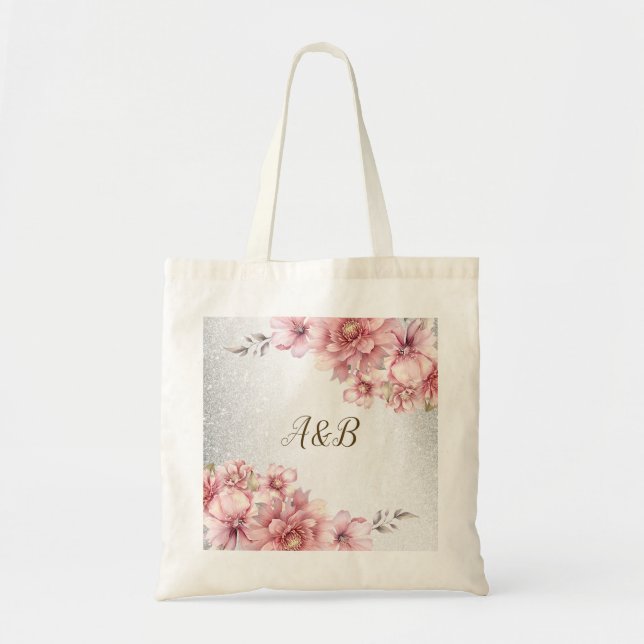 Tote Bag Fleurs de gouache rose moderne pailleté brillant p (Devant)