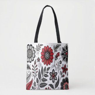 Tote Bag Fleurs de gribouillis et feuilles en rouge et noir
