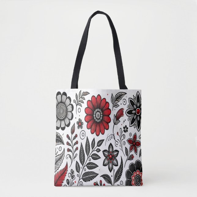 Tote Bag Fleurs de gribouillis et feuilles en rouge et noir (Devant)