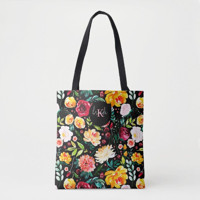Tote Bag Fleurs de jardin anglais coloré monogrammes motif (Devant)