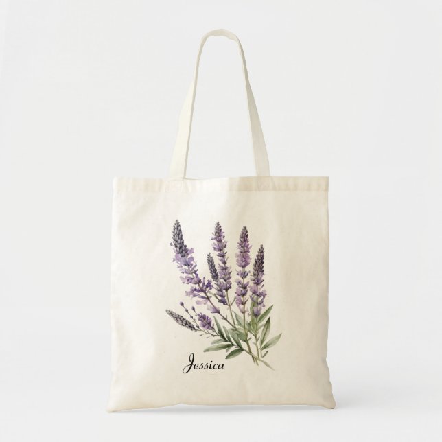Tote Bag Fleurs de Lavande à l'Aquarelle Élégantes Personna (Devant)