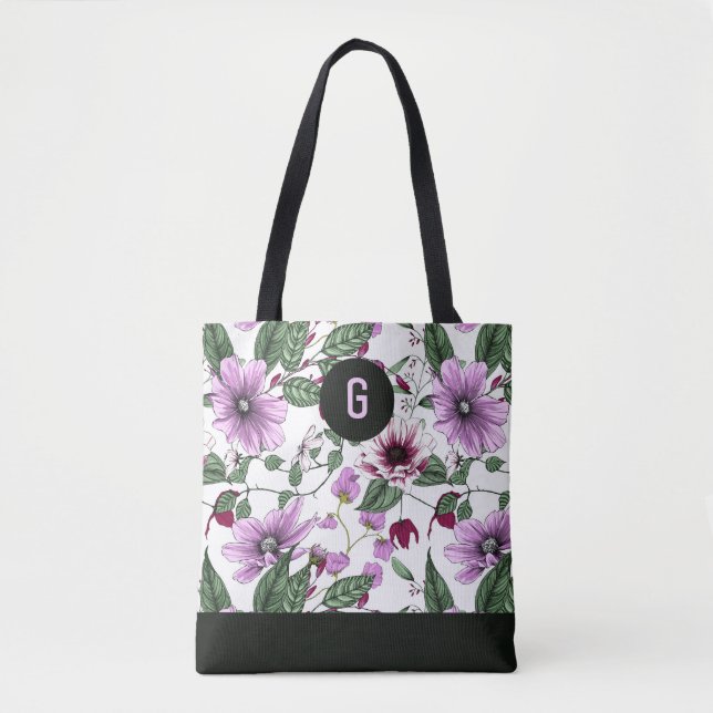 Tote Bag Fleurs de lavande avec feuille vert personnalisé m (Devant)