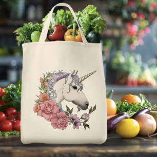 Tote Bag Fleurs de licorne blanche enchantée rose noir