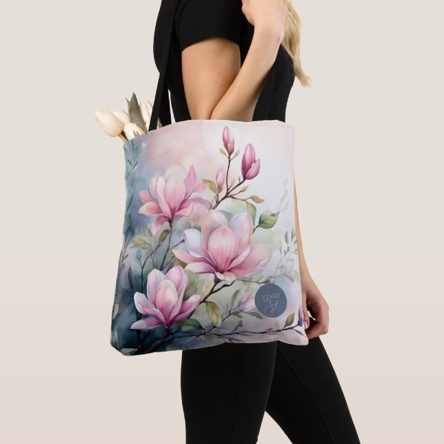 Tote Bag Fleurs de magnolia rose botanique monogrammées (De près)