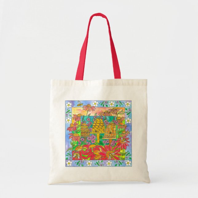 Tote Bag Fleurs de marguerite rouge Abeille de miel (Devant)