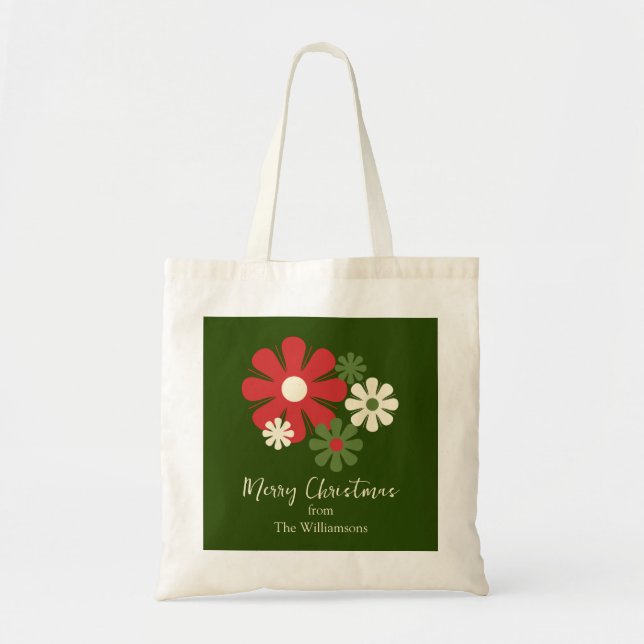 Tote Bag Fleurs de Noël florales rétro Rouge Vert Nom (Devant)