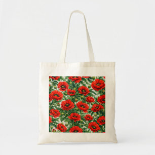 Tote Bag Fleurs de pavot rouges et feuillage vert botanique