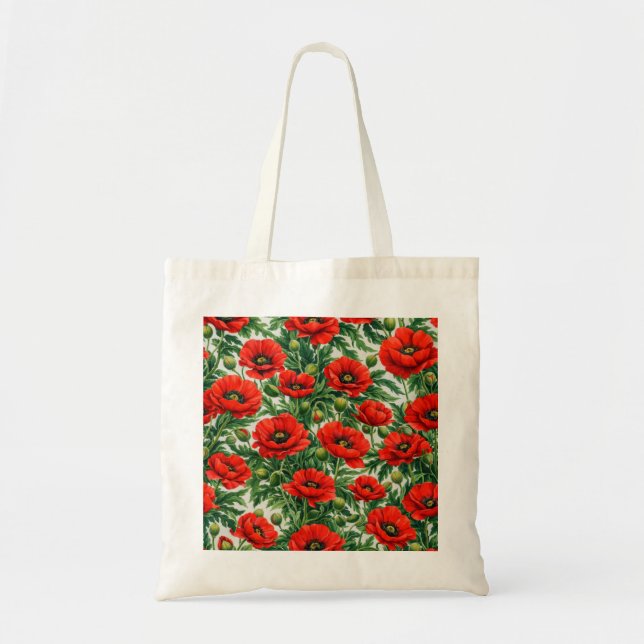 Tote Bag Fleurs de pavot rouges et feuillage vert botanique (Devant)