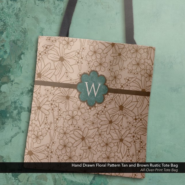 Tote Bag Fleurs de pays : Tan et Hunter Green Monogrammed (Tote Bag: Rustic Hand Drawn Floral Pattern in Tan and Brown with Distressed Forest Green Monogram.)