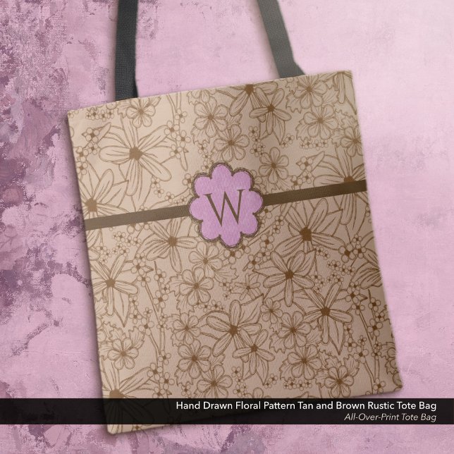 Tote Bag Fleurs de pays : Tan et rose Monogrammé (Tote Bag: Rustic Hand Drawn Floral Pattern in Brown and Tan with a Distressed Soft Pink Monogram.)