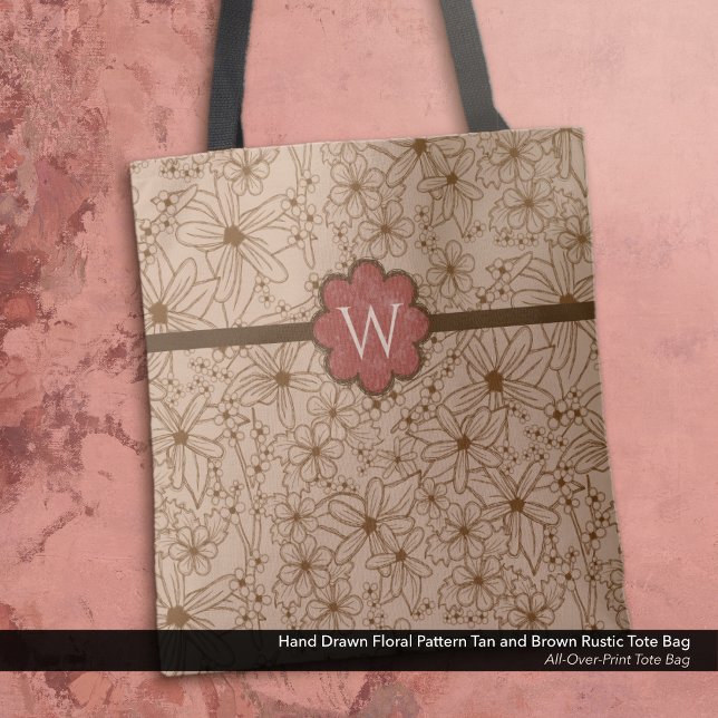 Tote Bag Fleurs de pays : Tan et rouge brique Monogramme (Tote Bag: Rustic Hand Drawn Floral Pattern in Tan and Brown with Distressed Brick Red Monogram.)