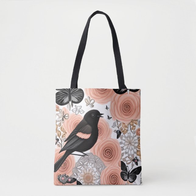 Tote Bag Fleurs de pêche et de charbon de bois, Robin et Pa (Devant)
