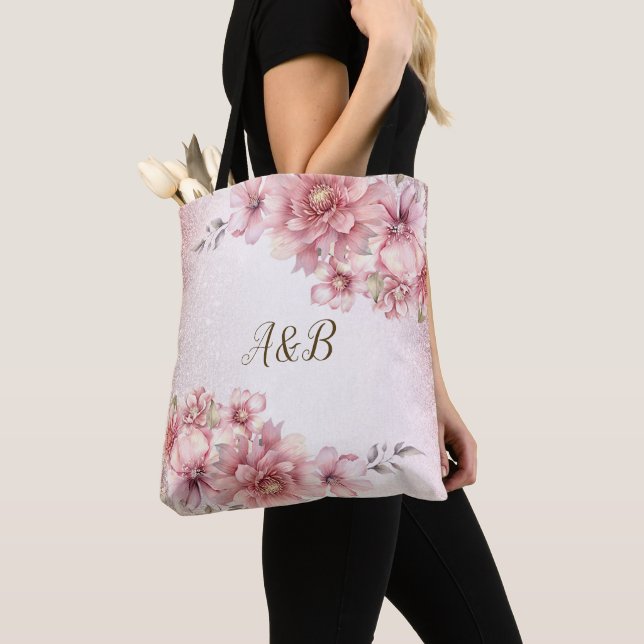 Tote Bag Fleurs de peinture à l'eau rose de fête Paillettes (De près)
