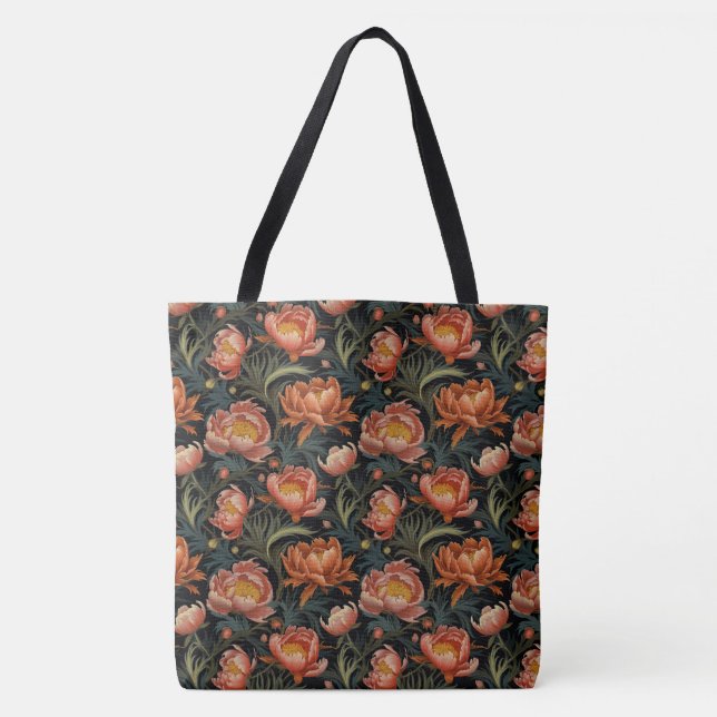 Tote Bag Fleurs de pivoine orange foncé et moody (Devant)