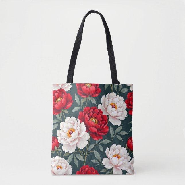 Tote Bag Fleurs de pivoine rouges et blanches  (Devant)