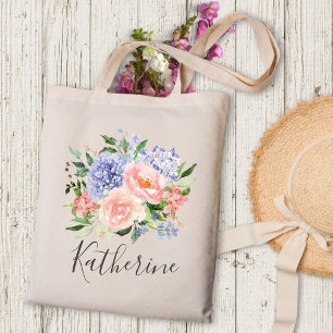 Tote Bag Fleurs de printemps bleu rose à l'aquarelle et mon