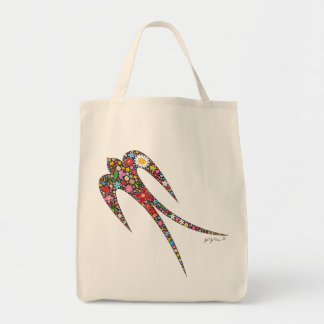 Tote Bag Fleurs de printemps colorées d'oiseaux d'hirondell