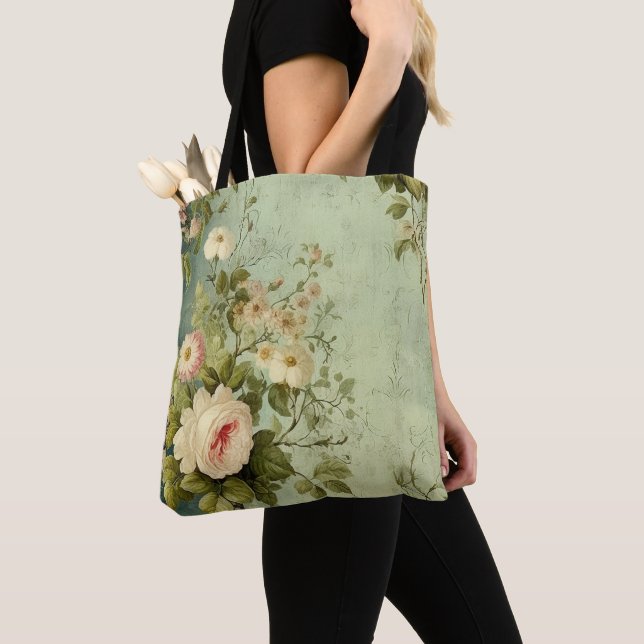 Tote Bag Fleurs de rose de verdure vintage  (De près)