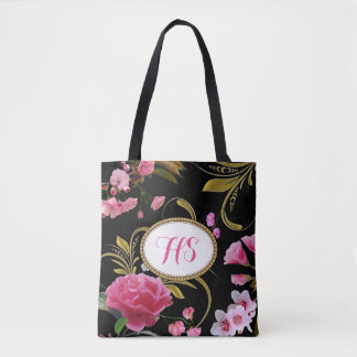 Tote Bag Fleurs de rose des textes de monogramme ou de