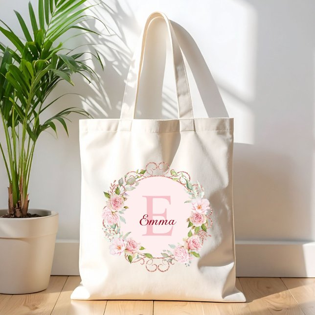 Tote Bag Fleurs de rose rose blush aquarelle monogramme flo (In situ)