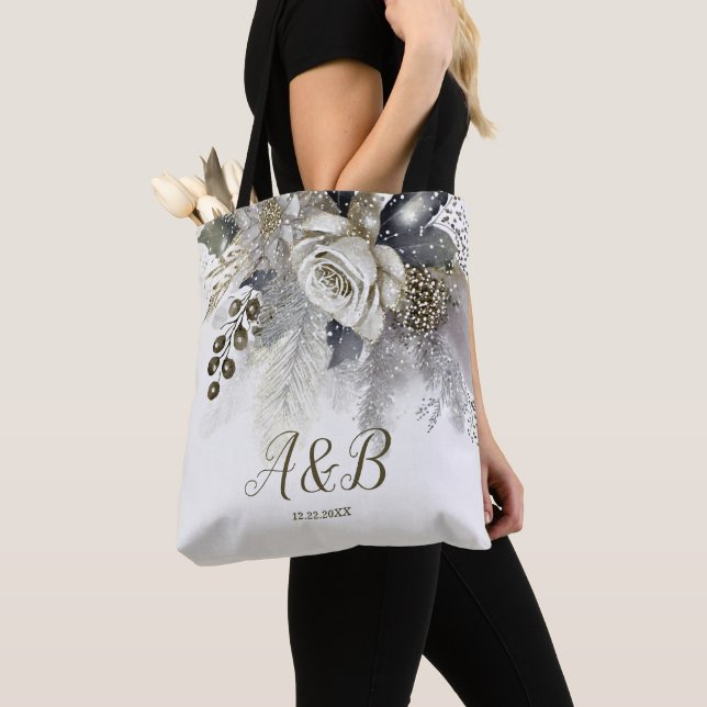 Tote Bag Fleurs de roses blanches dorées argentées à l'aqua (De près)
