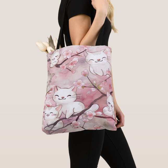 Tote Bag Fleurs de Sakura rose doux Motif de chats mignons (De près)