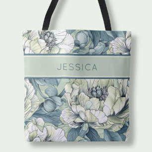 Tote Bag Fleurs de Sauge Botanique Élégantes Vertes Florale