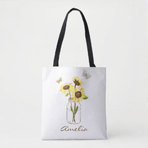 Tote Bag Fleurs de soleil dans Mason Jar Personnalisé