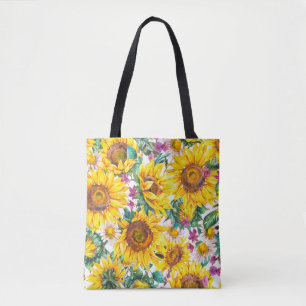 Tote Bag Fleurs de soleil d'aquarelle été vintage patte tra