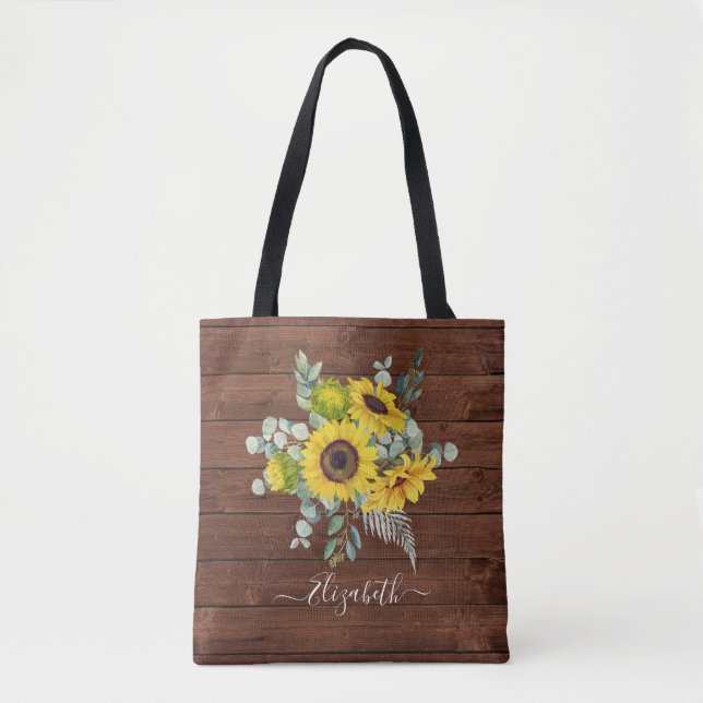 Tote Bag Fleurs de soleil en aquarelle sur bois rustique (Devant)