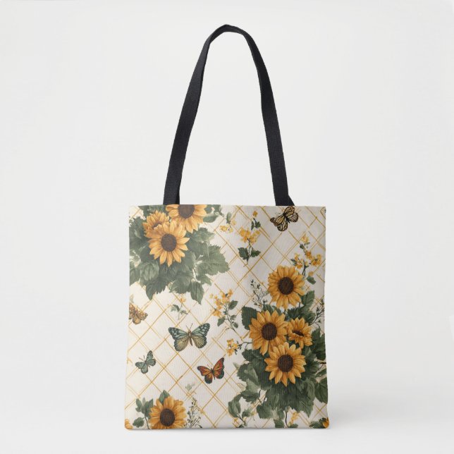 Tote Bag Fleurs de soleil et papillons sur Jaune clair (Devant)