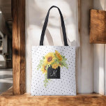 Tote Bag Fleurs de soleil et points rustiques chics avec mo<br><div class="desc">Personnalisez ce fourre-tout avec votre monogramme ou tout autre texte souhaité. Un bouquet lumineux et gai de tournesols jaunes aquarelle cascade sur un cadre carré noir contrastant qui entoure votre monogramme. L'arrière - plan est un petit motif pois chic. Ce fourre-tout pratique fait un joli cadeau personnalisé pour les amis,...</div>