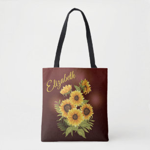 Tote Bag Fleurs de soleil Jaunes Canvas Brown rustique Vint