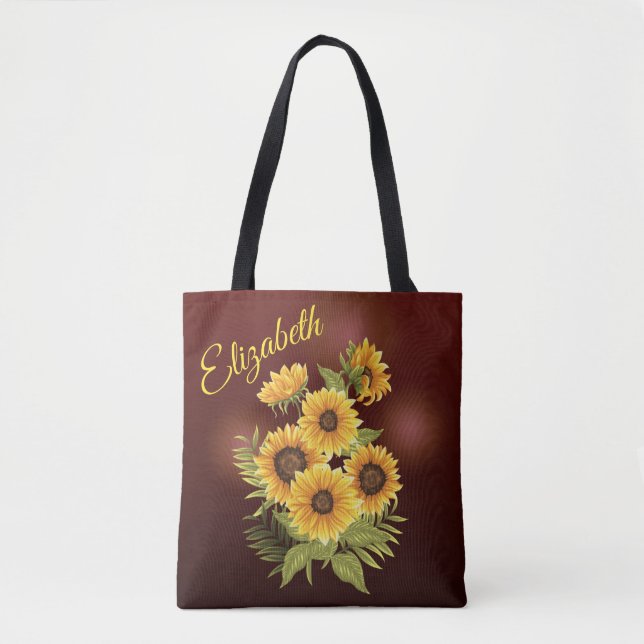 Tote Bag Fleurs de soleil Jaunes Canvas Brown rustique Vint (Devant)