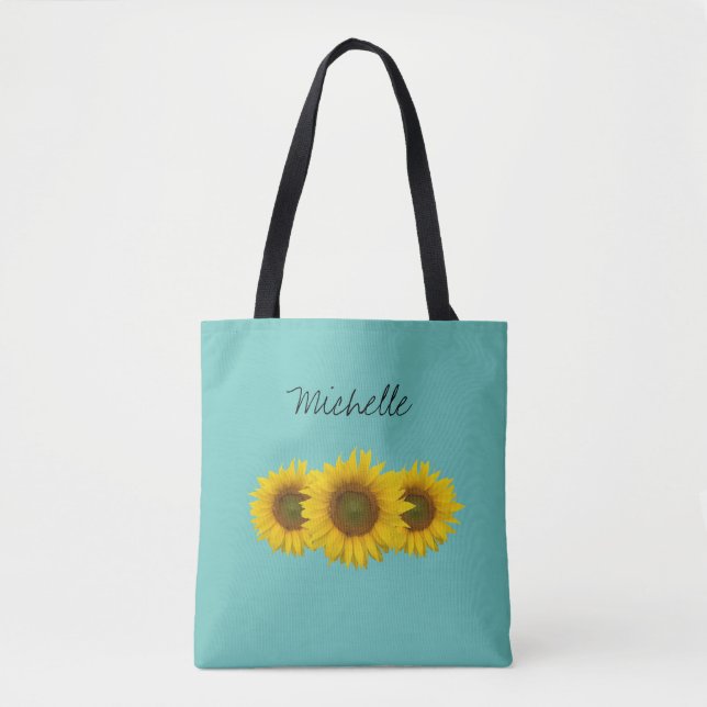 Tote Bag Fleurs de soleil jaunes Turquoise vert personnalis (Devant)