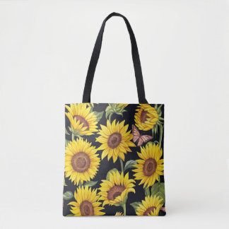 Tote Bag Fleurs de soleil, papillons, aquarelle noir