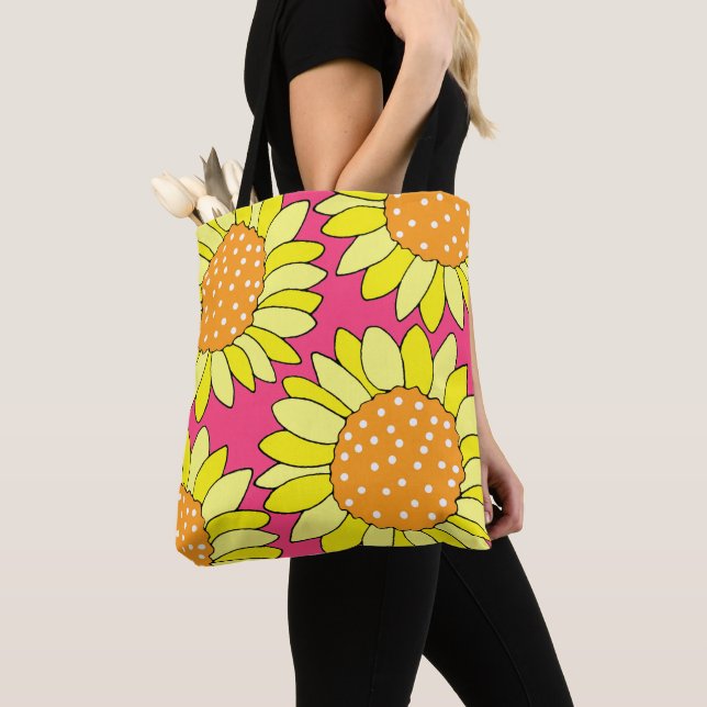 Tote Bag Fleurs de soleil rose orange jaune à quatre mains (De près)