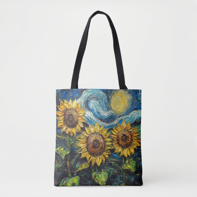 Tote Bag Fleurs de soleil Van Gogh et nuit étoilée (Devant)