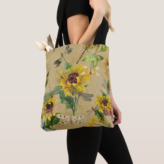 Tote Bag Fleurs de soleil vintages et libellules (De près)