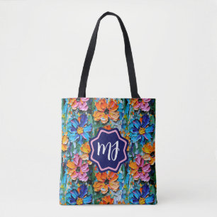Tote Bag Fleurs de style Impasto dans un monogramme coloré