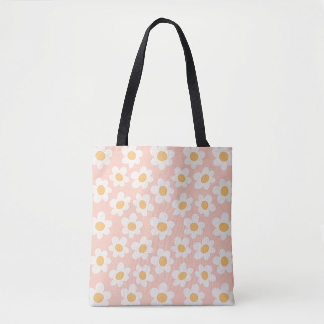 Tote Bag Fleurs de style rétro sur arrière - plan rose (Devant)