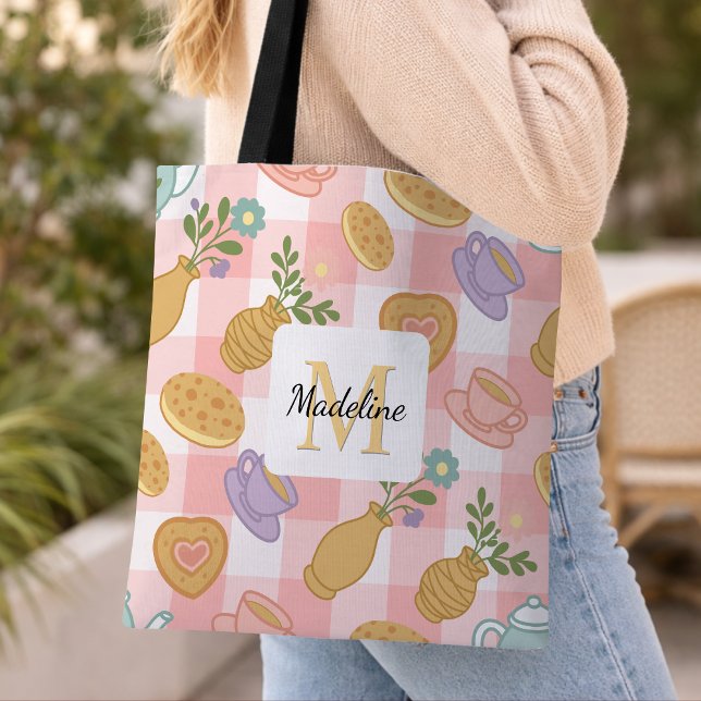 Tote Bag Fleurs de thé personnalisées Monogramme Rose paste (Créateur téléchargé)