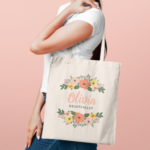 Tote Bag Fleurs de verdure rose corail pour mariage demoise