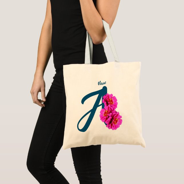 Tote Bag Fleurs de Zinnia Monogramme Initiale A Personnalis (Devant (produit))