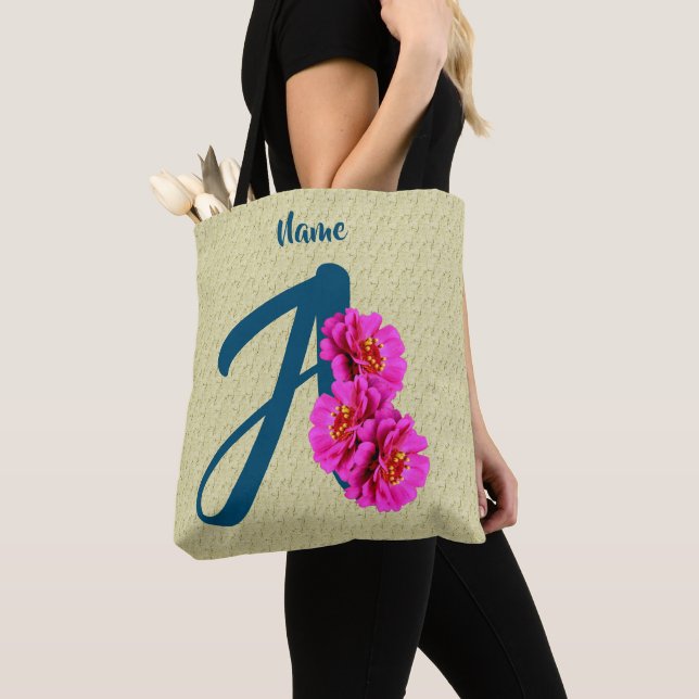 Tote Bag Fleurs de Zinnia Monogramme Initiale A Personnalis (De près)