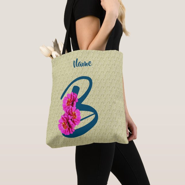 Tote Bag Fleurs de Zinnia Monogramme Initiale B Personnalis (De près)