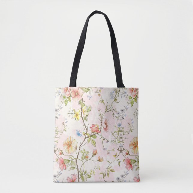 Tote Bag fleurs délicates avec papillon à la chinoise (Devant)