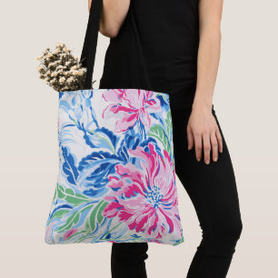 Tote Bag Fleurs d'été rose et bleu